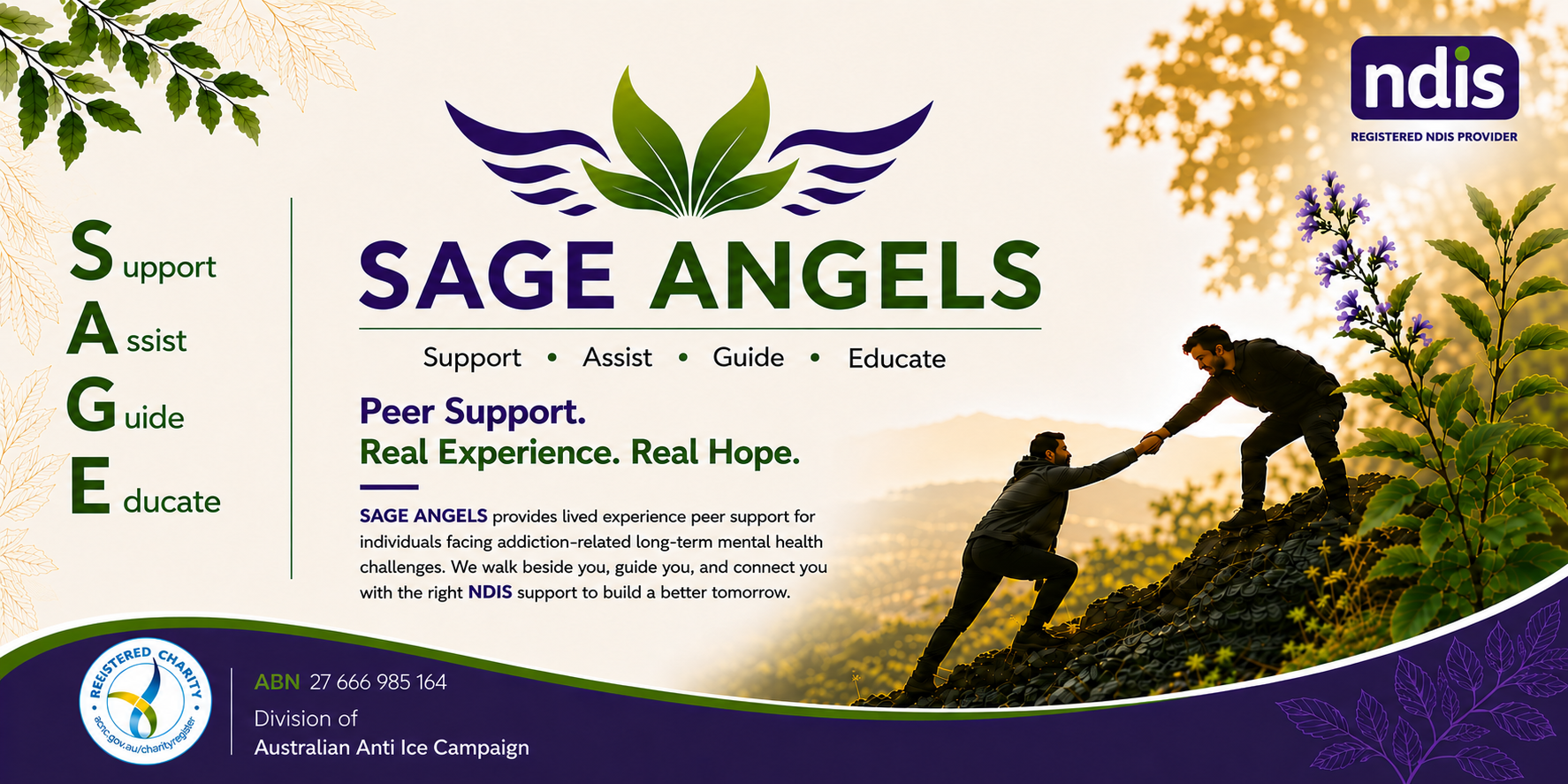 Sage Angels banner: Peer Support, Real Experience, Real Hope, with NDIS and Registered Charity badges
